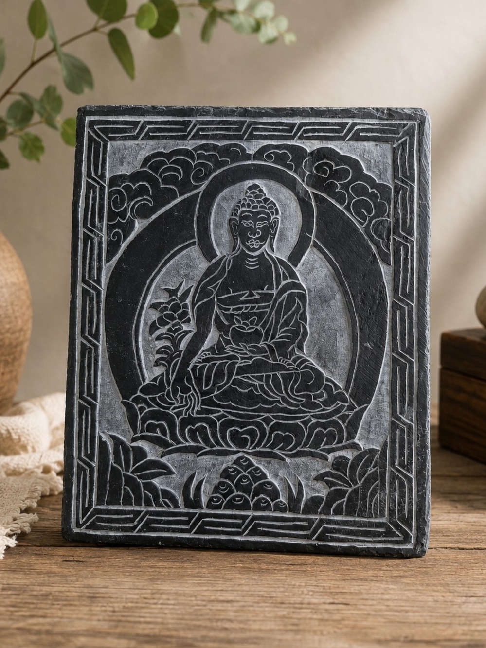 Hand Carved Buddha Slate Wall Plaque Zen Meditation Stone Relief Art Asian Decor